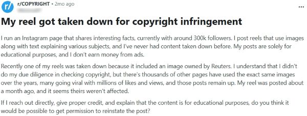 Screenshot of a Reddit r/COPYRIGHT post titled 'My reel got taken down for copyright infringement' after using a Reuters-owned image in an Instagram Reel.