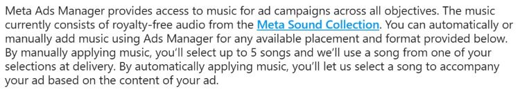 Ads Manager help: music for ad campaigns comes from Meta Sound Collection; selectable for placements.