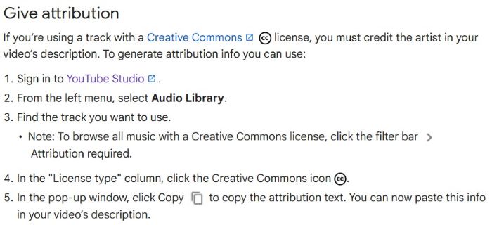 YouTube Help instructions on how to give Creative Commons attribution for Audio Library music in video descriptions.