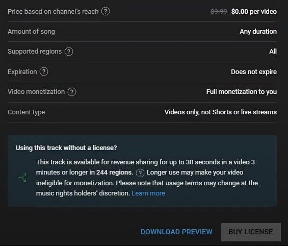 Creator Music revenue-sharing notice highlighting restricted usage (e.g., up to 30 seconds in videos 3+ minutes) and potential monetization limits.