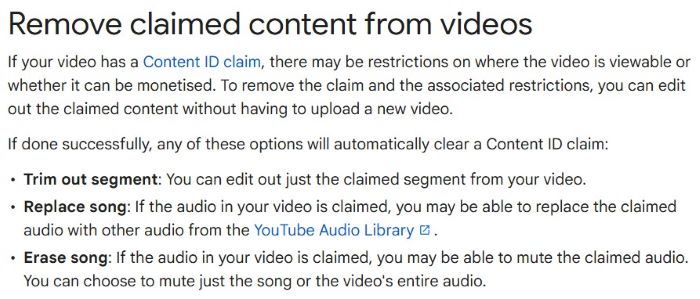 YouTube Help instructions showing Trim, Replace, or Erase song to remove a Content ID claim