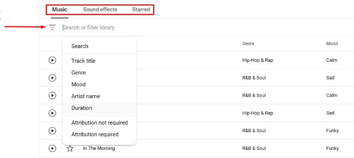 YouTube Studio Audio Library filters menu with options for mood, genre, duration, and attribution