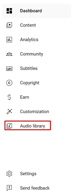 YouTube Studio left sidebar with the Audio Library menu item highlighted