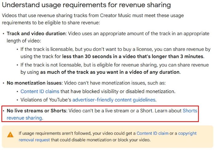 Revenue sharing usage requirements - no live streams or shorts