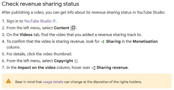 How to check revenue sharing status - guideline from YouTube