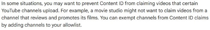 YouTube Content ID allowlisting: exempt specific channels from claims by adding them to a rightsholder allowlist