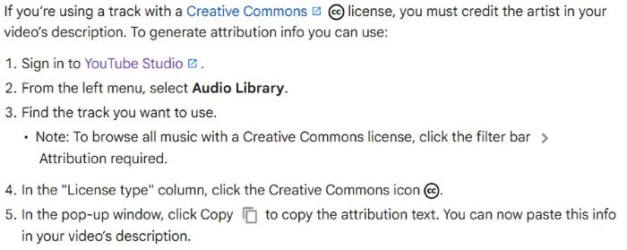 Creative Commons attribution steps in YouTube Studio Audio Library (license type and copy attribution text)