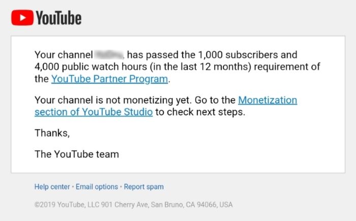 YouTube email confirming a channel passed 1,000 subscribers and 4,000 hours and directing to complete monetization setup.