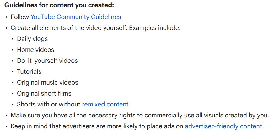 List of acceptable self-created content types and reminder to hold commercial rights to all elements.