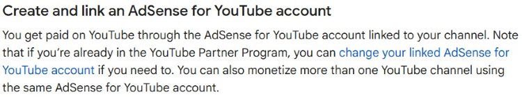 Instructions to create and link an AdSense for YouTube account, with option to change the linked account.