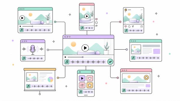 Finished video Project connected to social media, podcast, website, mobile, and presentation formats for cross-platform publishing