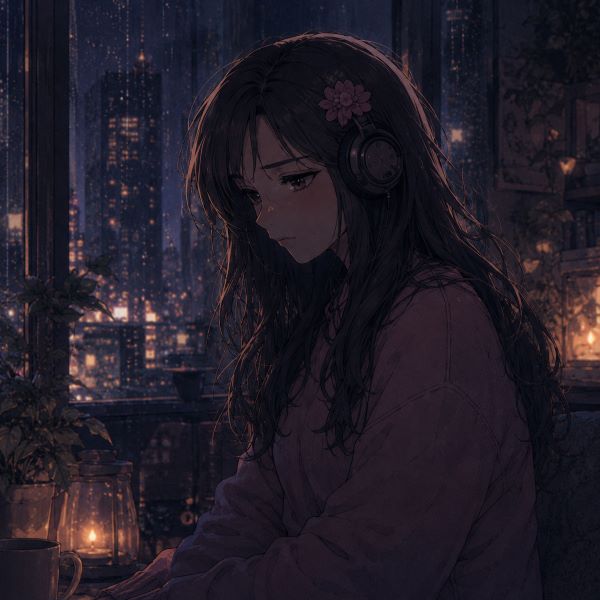 Illustration of a woman wearing headphones by a rainy city window, conveying a dramatic and reflective mood