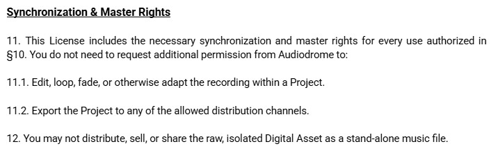 Audiodrome license section showing sync and master rights for editing, looping, fading, and exporting music inside a project