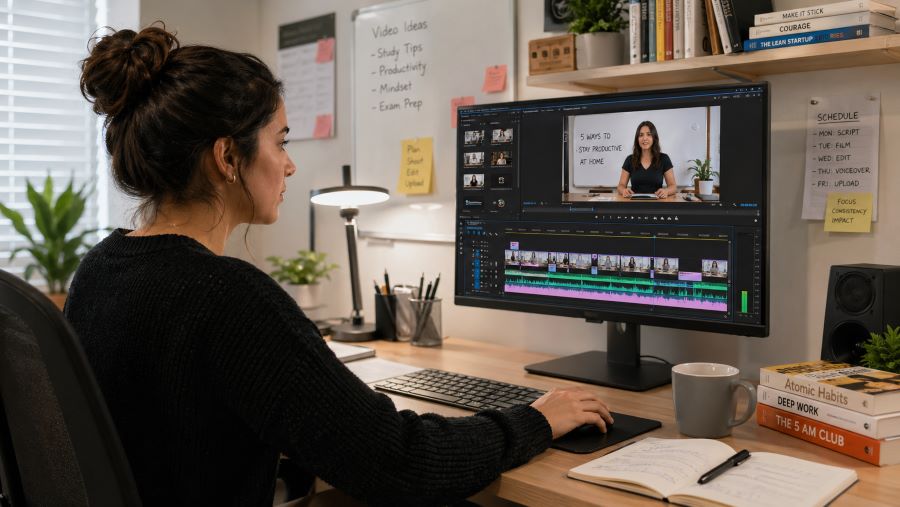 Creator editing a tutorial video with voiceover and background music timeline on a desktop video editing setup