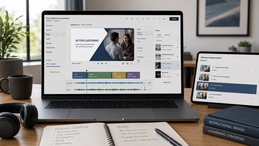 eLearning module editing workspace with voiceover timeline, music track, and LMS lesson preview