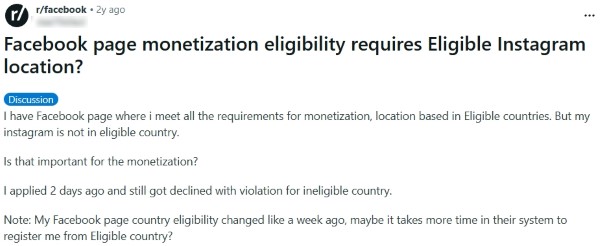 Reddit post screenshot asking whether Facebook Page monetization eligibility requires an eligible Instagram location, describing an “ineligible country” decline despite meeting requirements.