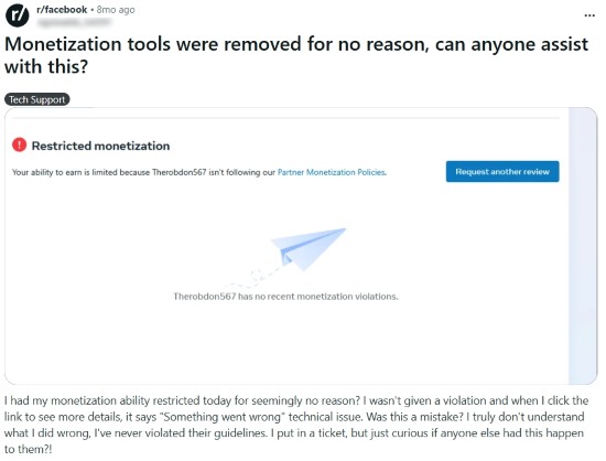 Reddit post screenshot about monetization tools removed, showing a “Restricted monetization” notice tied to Partner Monetization Policies with a “Request another review” button.