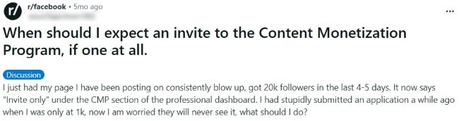 Reddit post screenshot asking when to expect an invite to the Content Monetization Program, mentioning “Invite only” under the CMP section of the professional dashboard.