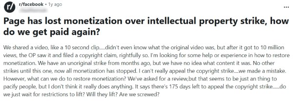 Reddit post screenshot asking how to regain monetization after an intellectual property strike, describing a copyright claim and monetization stopping after the strike.
