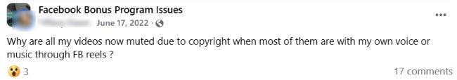 Facebook group post asking why the user’s videos are muted for copyright even when they use their own voice or music added through Facebook Reels.