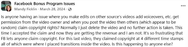 Facebook group post about edited videos with voiceovers where unknown accounts claim copyright, revenue gets diverted, and multiple timestamps get flagged, asking if others see this issue.