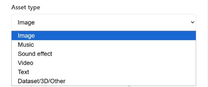 CC Attribution Line Generator — “Asset type” dropdown showing Image, Music, Sound effect, Video, Text, Dataset/3D/Other.