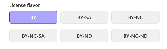 How to cite Creative Commons — license flavor selector with BY, BY-SA, BY-NC, BY-NC-SA, BY-ND, BY-NC-ND options.