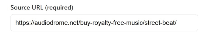 How to cite Creative Commons — “Source URL (required)” field pointing to the original asset page on audiodrome.net.