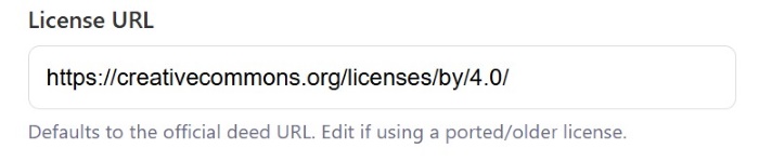 License link for attribution — “License URL” field set to Creative Commons CC BY 4.0 deed page.