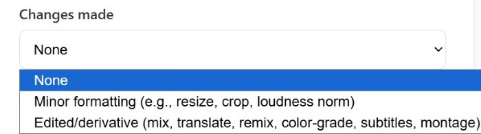 Attribution changes selector — dropdown with None, Minor formatting, and Edited/derivative options for clear change notes.
