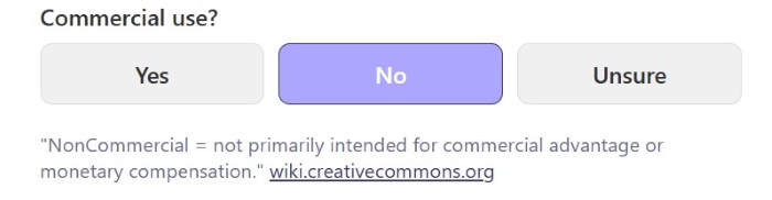 How to cite Creative Commons — “Commercial use?” selector set to No with NC definition note beneath the buttons.