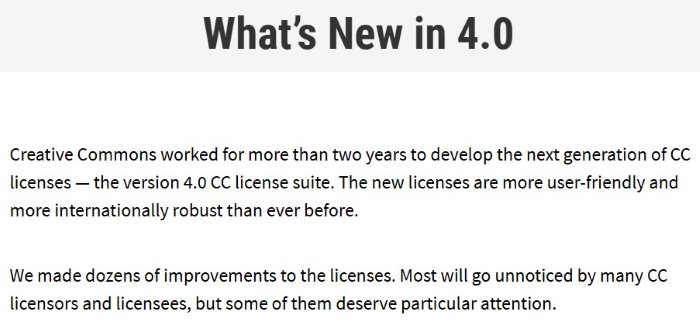 What’s New in 4.0” page describing the global CC 4.0 license suite and key improvements for creators and reusers.