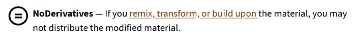 CC NoDerivatives condition stating that if you remix, transform, or build upon the material, you cannot distribute the modified version.