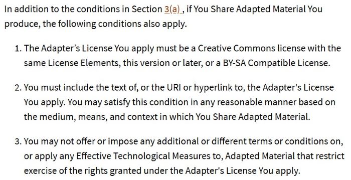 CC BY-SA legal code excerpt listing adapter’s license rules: apply the same CC license, include a link to the license, no extra restrictions.