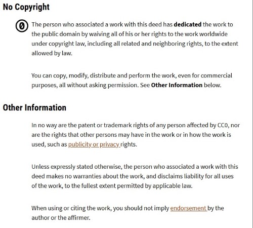 CC0 deed “No Copyright” section explaining public domain dedication and reuse allowed without permission.