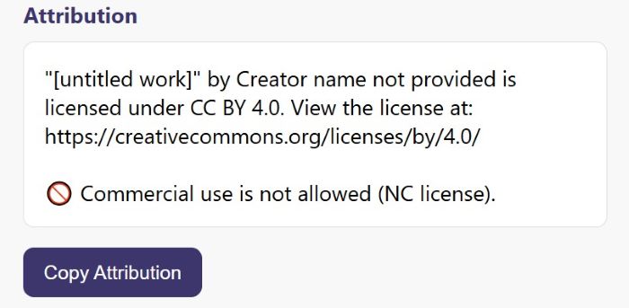 Full attribution block example with license link and NC warning badge from the CC Attribution Line Generator.