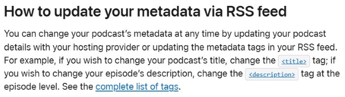 Apple Podcasts help page explaining how to update episode show notes and the RSS <description> tag for credit links.