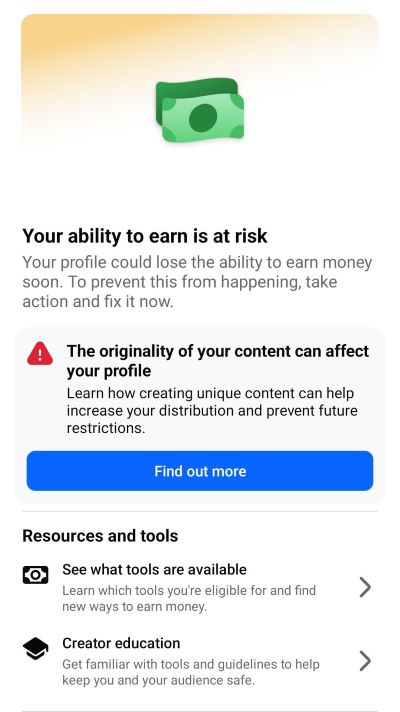 Monetization status: ability to earn limited; originality issue highlighted.