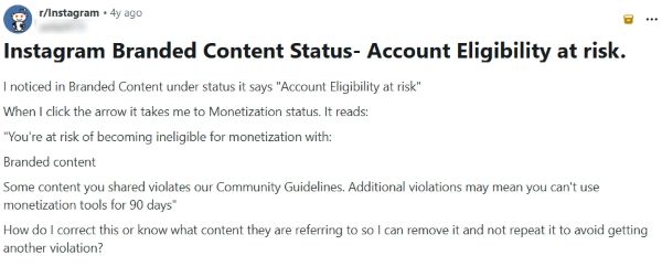 Reddit r/Instagram post about “Instagram Branded Content Status” showing “Account eligibility at risk.”