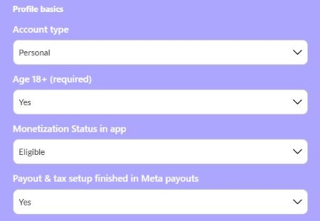 Checker “Profile basics” inputs showing account type, age 18+ requirement, monetization status, and payout setup fields.