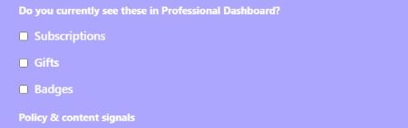 Checker section asking which features appear in Professional Dashboard, with checkboxes for Subscriptions, Gifts, and Badges.