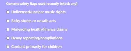 Instagram monetization checker checklist of content safety flags such as unclear music rights, risky stunts, misleading claims, reposting, and kids content.
