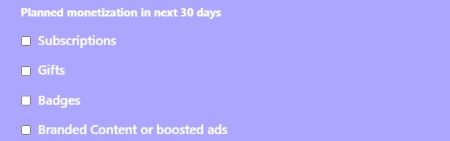 Instagram monetization checker section for planned monetization in the next 30 days with options like Subscriptions, Gifts, Badges, and branded content or boosted ads.