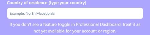 Instagram monetization checker country of residence input with note that missing feature toggles in Professional Dashboard often means no rollout yet.