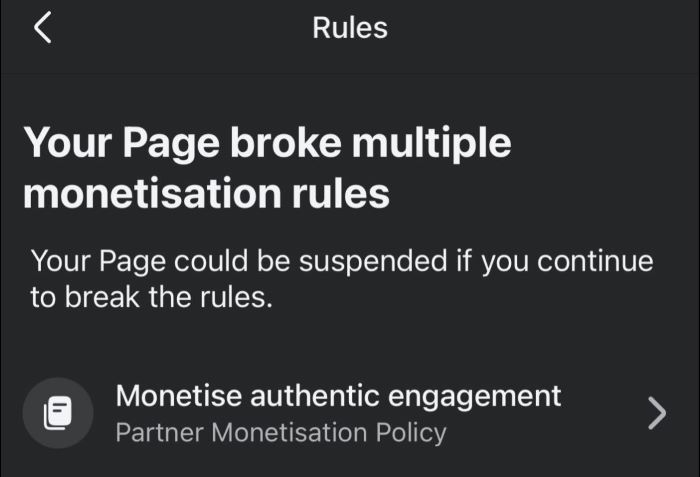 Instagram monetization warning screen stating Page broke multiple monetization rules with reference to Partner Monetisation Policy