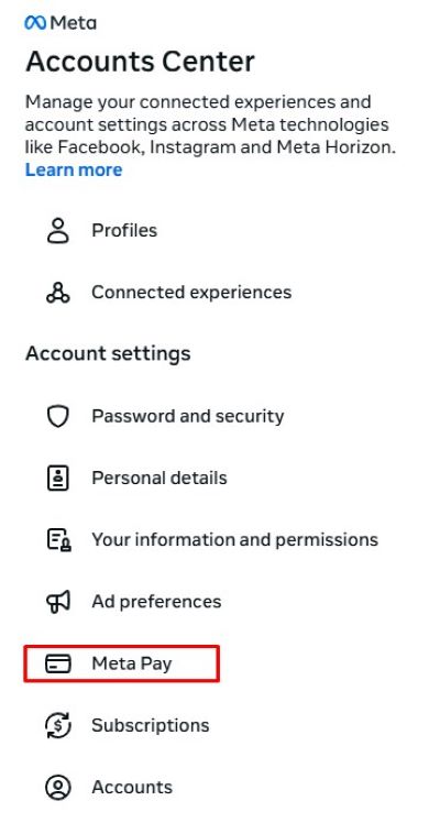 Meta Accounts Center settings screen highlighting Meta Pay section used for payout and tax setup