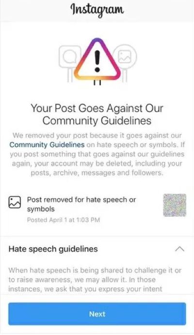 Instagram notification showing a post removed for violating Community Guidelines on hate speech or symbols