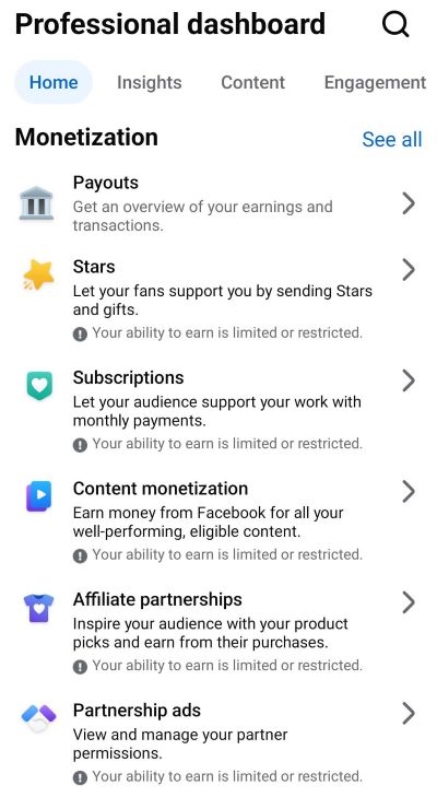 Instagram Professional Dashboard monetization section listing payouts, Stars, Subscriptions, Content monetization, Affiliate partnerships, and Partnership ads with restrictions applied