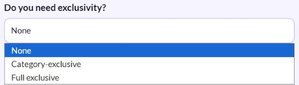 Screenshot of the exclusivity dropdown with options None, Category-exclusive, and Full exclusive, with None selected.