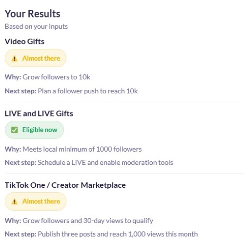Eligibility card showing “Almost there” for Gifts and “Eligible now” for LIVE.